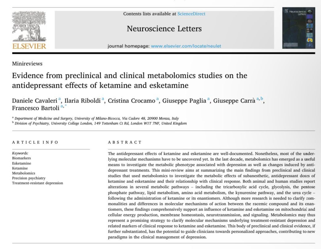 Pleased to share our new Mini-Review of preclinical and clinical metabolomics studies on the antidepressant effects of ketamine and esketamine published in Neuroscience Letters! doi.org/10.1016/j.neul… @DanieleCavaler2 @ilaria_riboldi @CristinaCrocamo @giuscarra @fbartoli_unimib