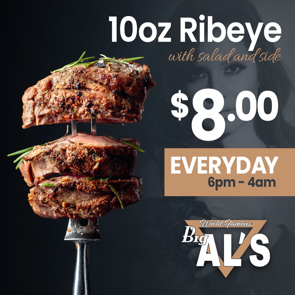 Steak dinner with a view? Don't mind if I do! 10oz ribeye with salad & a side only $8 EVERY DAY at Big's Al's! . . #peorianightlife #peoriastripclubs #peoriaIL #illinois #ubereats #VIPRoom #Fun #Restaurant #BigAls #BigAlsGals #Peoria #Speakeasy #Showgirls #steakdinner