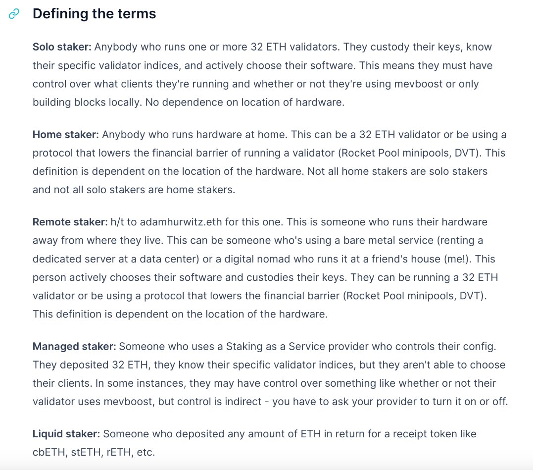 Airdrops have brought up the Q 'what is a solo staker, anyway?' so I wrote up some thoughts on defining terms around validators and node operators The TL;DR is that I think the important distinction to make is if someone is an 'independent operator' paragraph.xyz/@ethstaker/def…