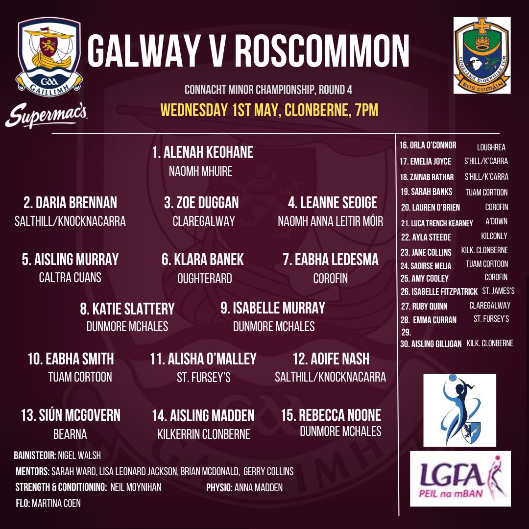 Our team to face @RoscommonLGFA in Rd. 4 of the @ConnachtLGFA Minor championship been played on Wed 1st of May at 7pm in @KClgfa @SupermacsIRE @Burkesbus #serioussupport