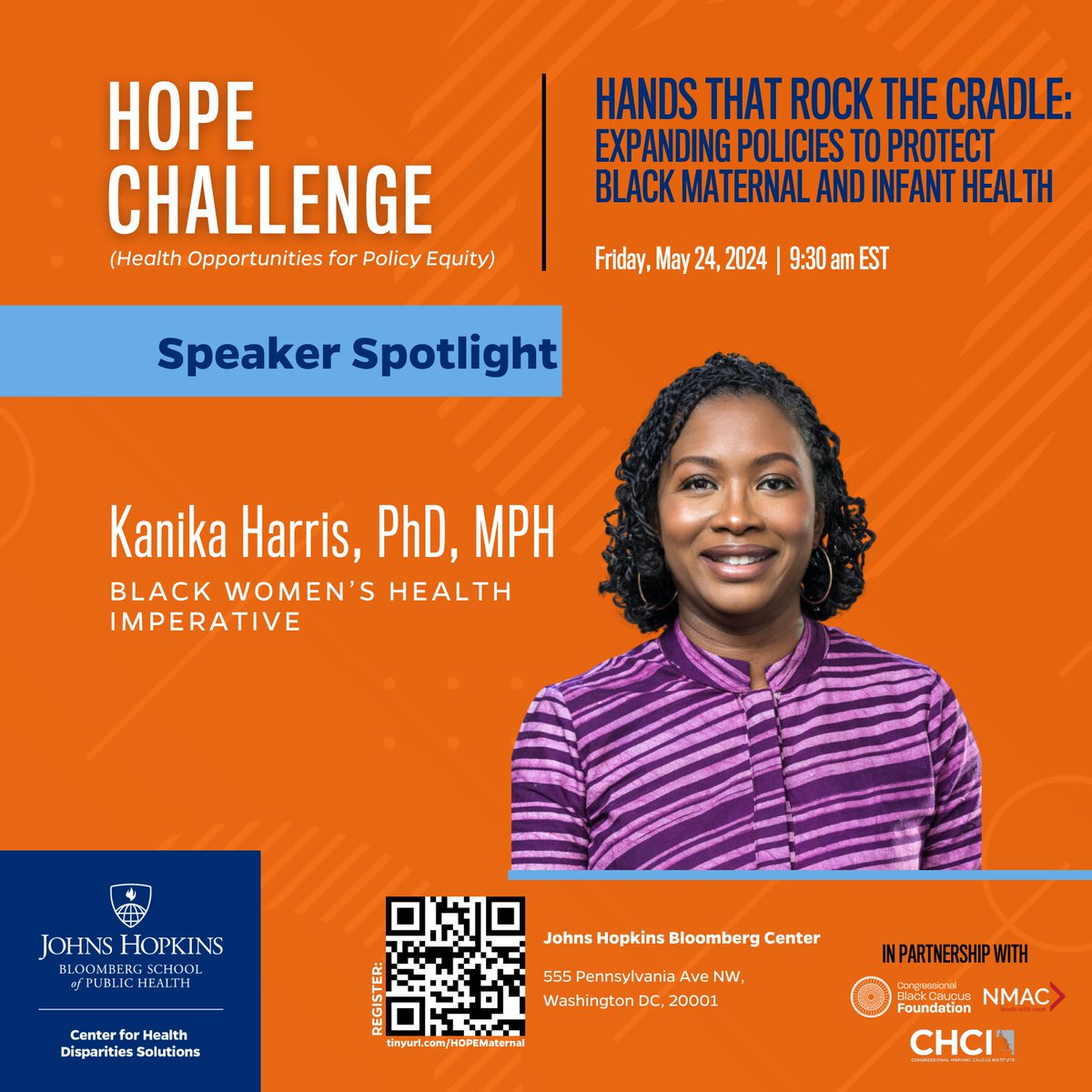 Dr. Kanika Harris, PhD, MPH: Championing Black Maternal and Child Health 🌸' In her role at the Black Women's Health Imperative, Dr. Harris is at the forefront of addressing health inequities most affecting Black women in the US. Register: tinyurl.com/HOPEMaternal