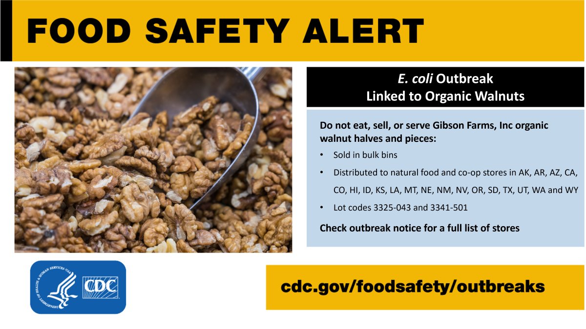E. COLI OUTBREAK: If you buy organic walnut halves or pieces from bulk containers in AK, AR, AZ, CA, CO, HI, ID, KS, LA, MT, NE, NM, NV, OR, SD, TX, UT, WA, or WY, check if your store had recalled walnuts. If you are unsure, it’s safer not to eat them. bit.ly/3UEXQs7