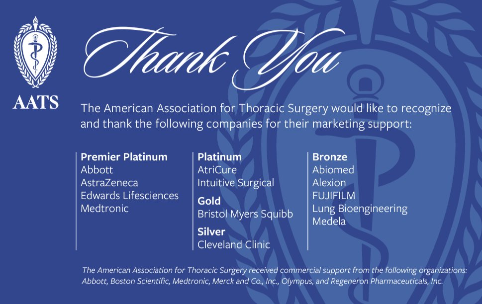 Thank you to the #AATS2024 Sponsors: Abbott AstraZeneca Edwards LifeSciences Medtronic AtriCure Intuitive Surgical Bristol Myers Squibb Cleveland Clinic Abiomed Alexion FUJIFILM Lung Bioengineering Medela events.aats.org/am24/sponsors