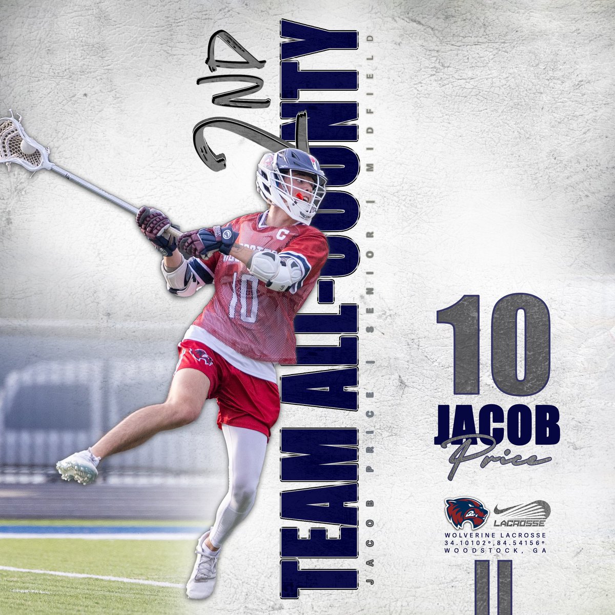 🥈 𝗔𝗟𝗟-𝗖𝗢𝗨𝗡𝗧𝗬 🥈 2nd Team All-County - Thank you all coaches across the county! Jacob Price was a threat all year to change the game. . 4️⃣4️⃣ - Points 3️⃣2️⃣ - Goals 1️⃣2️⃣ - Assists . #lax #ghsa #1woodstock #lax4life #laxlife #laxbros #attack