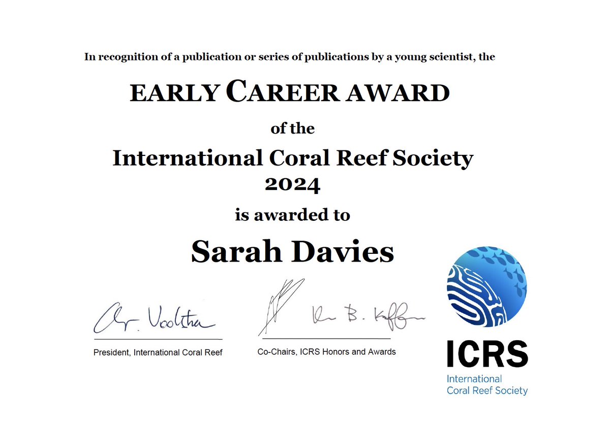 Really honored to have received the @ICRSCoralReefs Early Career Award! Feels pretty unreal. Thanks for the nominations and thanks to @thedavieslab folks who helped make this happen!