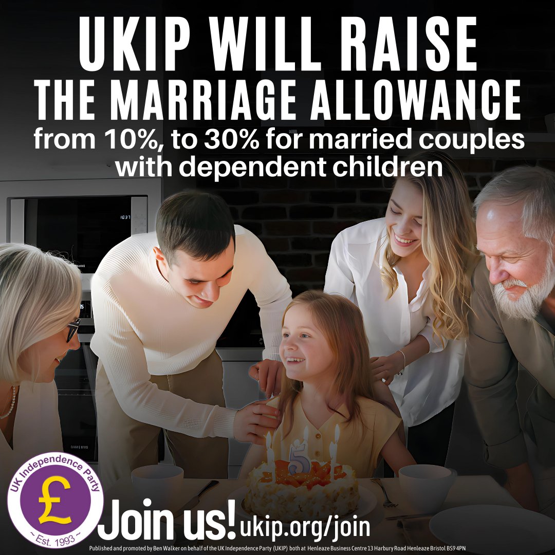 The Tories would rob over 120,000 taxpayers of the marriage allowance.  But @UKIP would:

✅scrap 3 tier tax rates
✅bring in a flat tax of 27%
✅raise the Personal Allowance to £20K
✅raise the marriage allowance to 30% 

What's not to like? #VoteUKIP