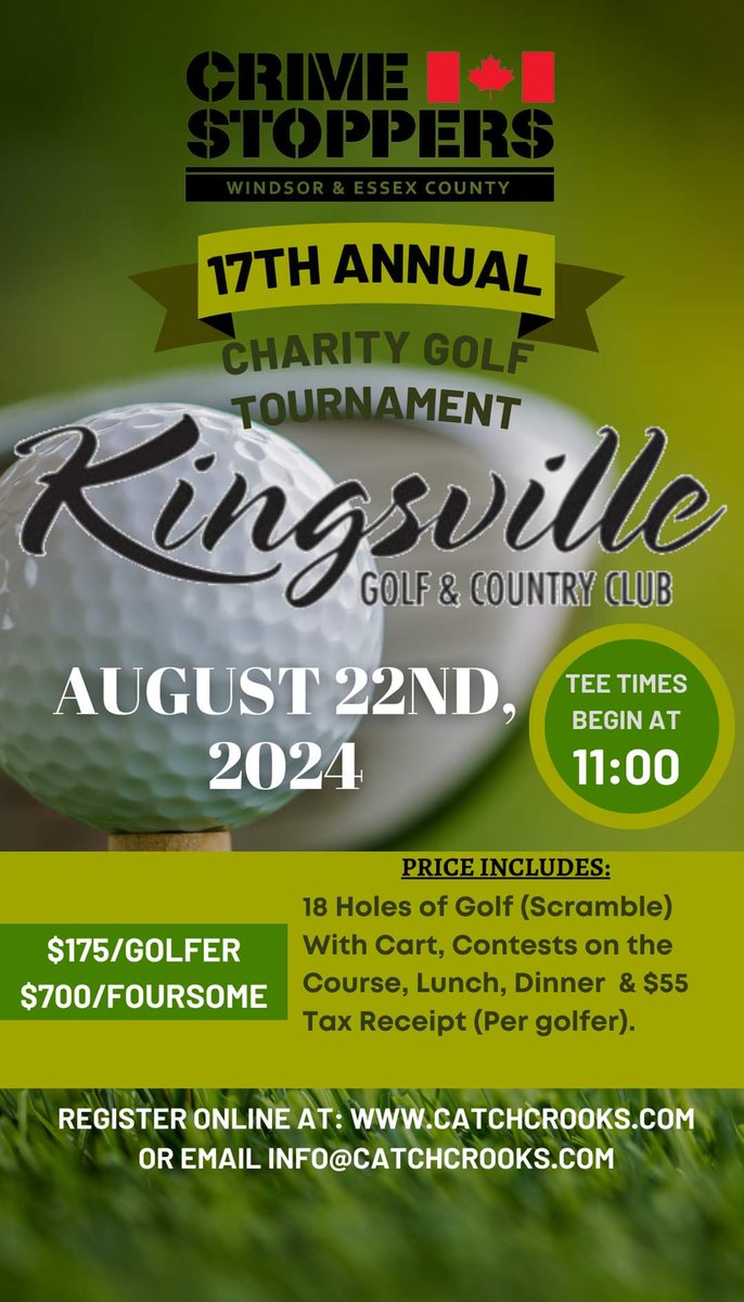 We are extremely excited to announce our 17th Annual Crime Stoppers Golf Tournament will be held on Thursday, August 22th at Kingsville Golf & Country Club! ⛳️☀️ Click the link below to register today! 🎉 catchcrooks.com/annual-charity…