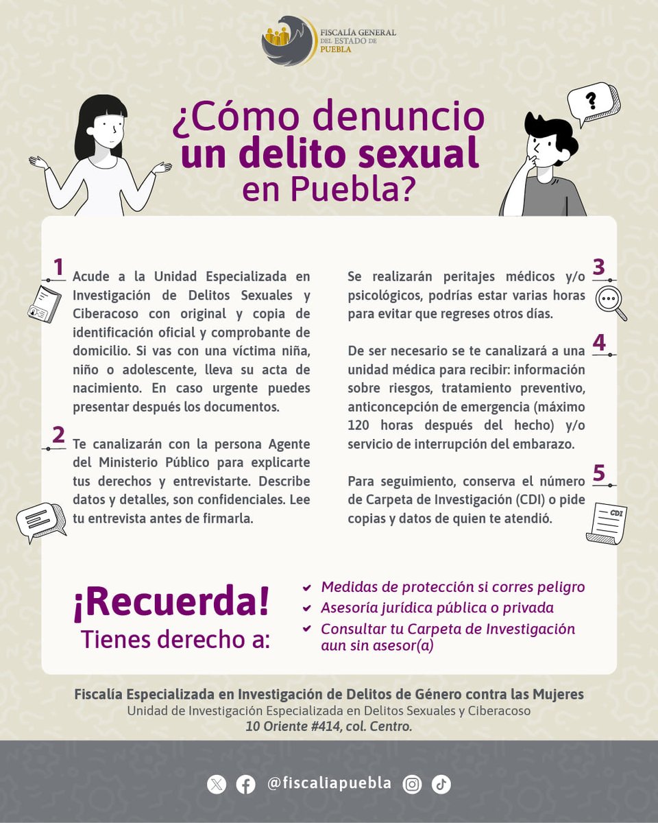 Los delitos sexuales se encuentran entre los ilícitos que más transgreden a mujeres y niñas. Conoce cómo denunciarlos y acércate a la @FiscaliaPuebla.