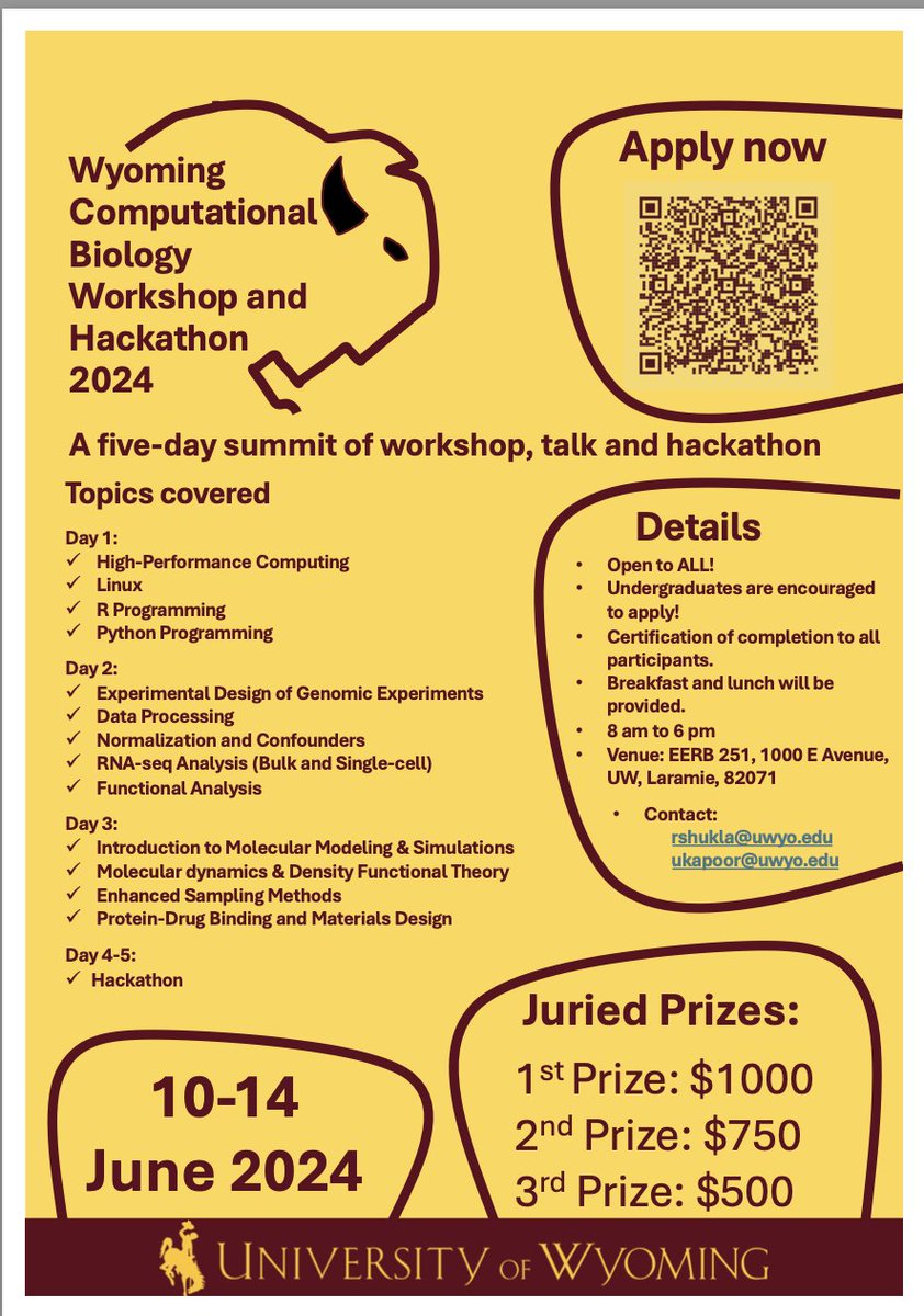 Spread the word!
Join us in an immersive workshop covering Linux, HPC, R, Python, Bioinformatics, Molecular Dynamics, and a thrilling hackathon with exciting prizes. Apply now using the QR code!  #ComputationalBiology #Hackathon #Workshop