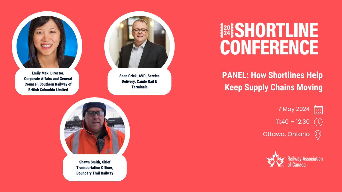 Next week, join Emily Mak (@sryraillink), Sean Crick (@CandoRailLtd), and Shawn Smith (Boundary Trail Railway) at the 2024 RAC Shortline Conference for a dynamic discussion on how #shortlines help keep #supplychains moving. railcan.ca/event/2024-sho…