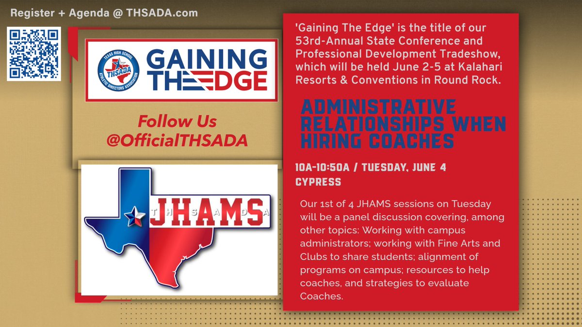 Our State Conference in less than 5 weeks will launch our Junior High and Middle School (JHAMS) program, held exclusively on Tuesday. JHAMS is professional development focused exclusively on campus leadership at that level. The agenda for JHAMS is here: bit.ly/3xTqoFf