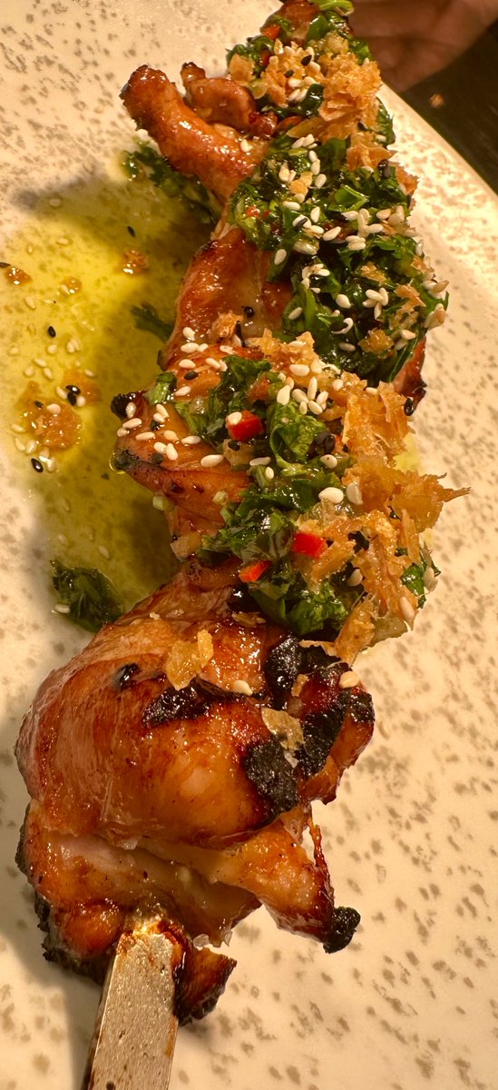 Honey & soy marinated chicken thighs cooked on a skewer over charcoal on the @BigGreenEgg with chimichurri & crispy chicken skin was tonight’s best seller…. #proper