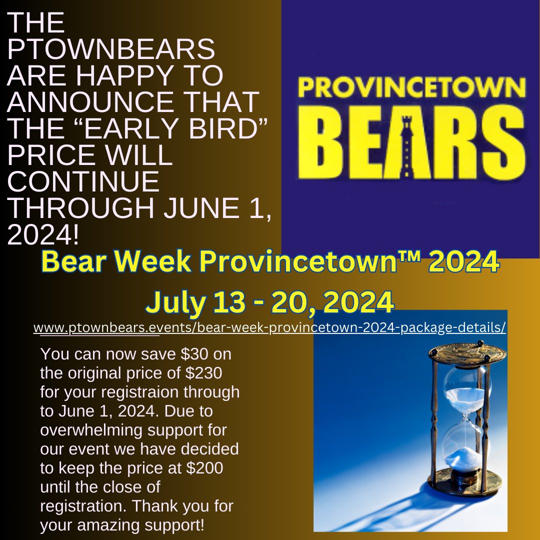 Early Bird pricing will continue through June 1, 2024 (closing date for registration)! Due to an amazing response to this year's event we have decided to keep the Early Bird price through the close of registration. Thank you for overwhelming support! - The PtownBears