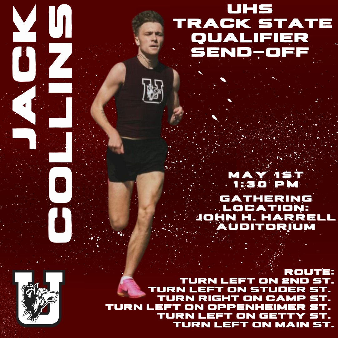 Join us on Wednesday, May 1st at 1:30 p.m. as we send our UHS Track State Qualifier, Jack Collins, off to the State Competition in Austin!