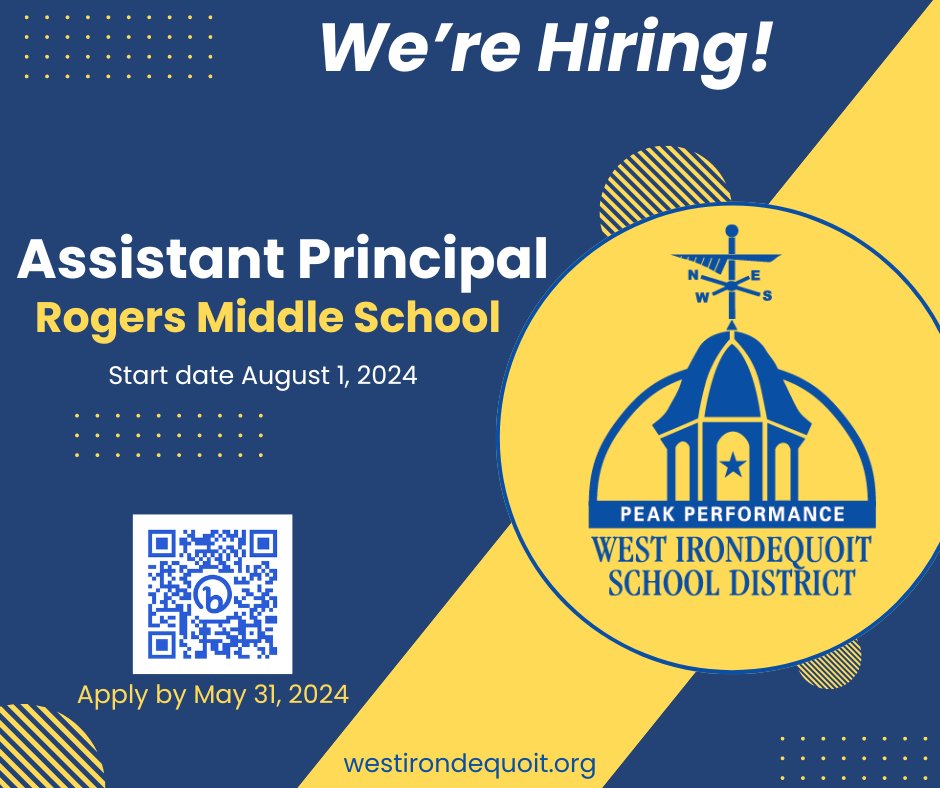 🍎We're looking for an Assistant Principal at Rogers Middle School (grades 4-6). Salary range: $83,000 - $103,000 and/or commensurate with experience. Apply by 5/31: bit.ly/Jobs_WI Know someone who may be interested? Please share this post!