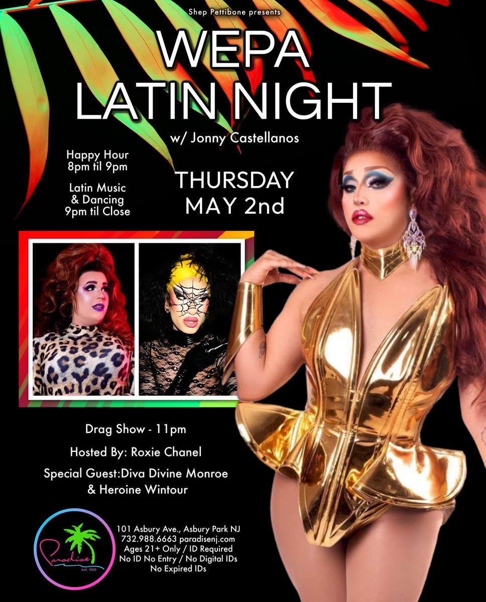 Wepa Latin Night - Thurs 5/2 Latin music & dancing 😀💋🌴 w/ Jonny Castellanos Drag Show at 11pm Hosted by: @RoxieChanelNYC #paradisenj #asburypark #wepa #latinnight #lgbtq #latindance #latinmusic #latin #gaylatino #gaylatina #lgbtq @ILoveGayNJ