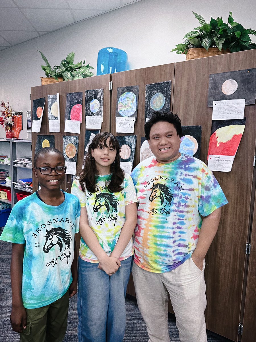 Art club members wearing our tie dye shirts that we made in art club for tie dye day today! 🎨 🌈 #BroncoTough