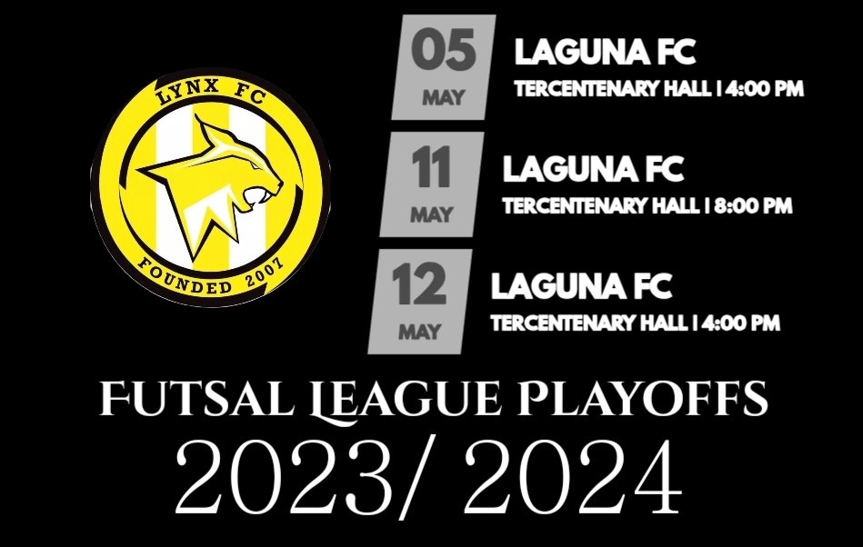 The Futsal league playoffs begin this weekend💪🏻💥 Our premier futsal play their first match of three against Laguna FC. Kickoff is at 4pm at the Tercentenary Sports Hall💪🏻💪🏻 Please come down and show us your support! #weliveforever #onefamily #lynxfc #lynxfutsal #lynxpremier
