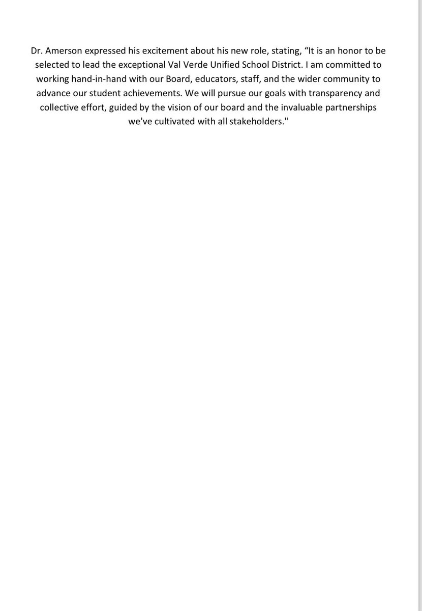 On behalf of the Val Verde Board of Education, please read the above press release in regard to the new Superintendent, Dr. Gordon Amerson.