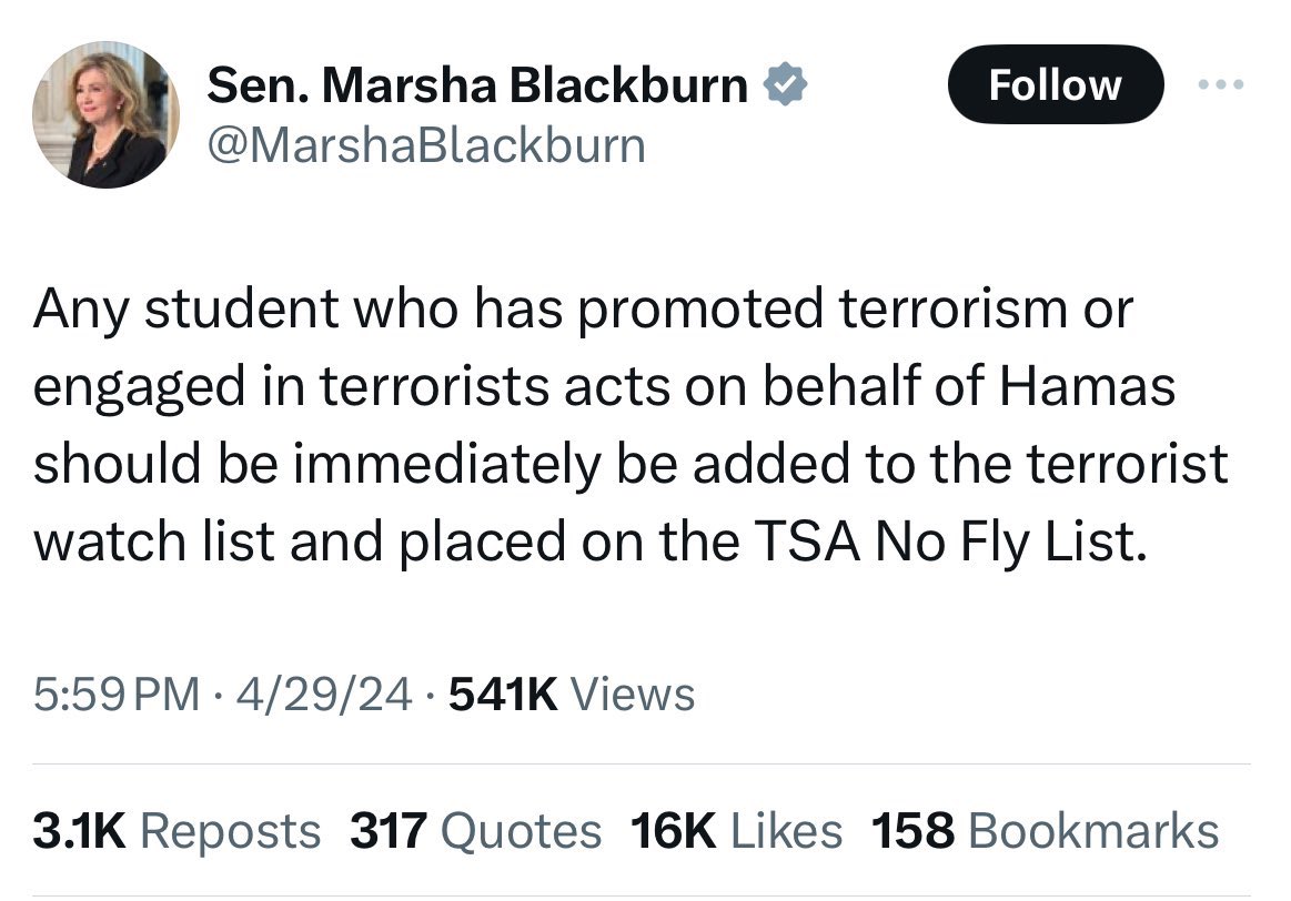 La senadora estadounidense Blackburn pide que los estudiantes que se manifiestan por Palestina sean puestos en una lista de terroristas y no puedan volar en EEUU.