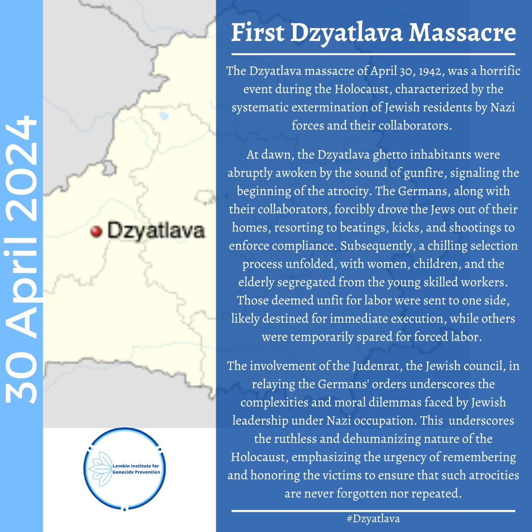 Remembering the lives lost in the Dzyatlava massacre on April 30, 1942. Today, the @LemkinInstitute pays tribute to the victims of this tragic event, honoring their memory and resilience. The Dzyatlava massacre was a horrific mass execution of Jewish residents by Nazi forces