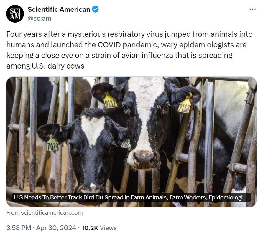 (Agency-controlled) Scientific American: 'a mysterious respiratory virus jumped from animals into humans and launched the COVID pandemic' 🙄