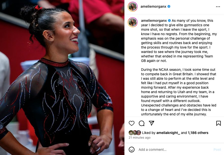 Utah rising senior Amelie Morgan has announced she is retiring from elite gymnastics. She competed in a couple GB meets during the 2023 #NCAAgym season.
