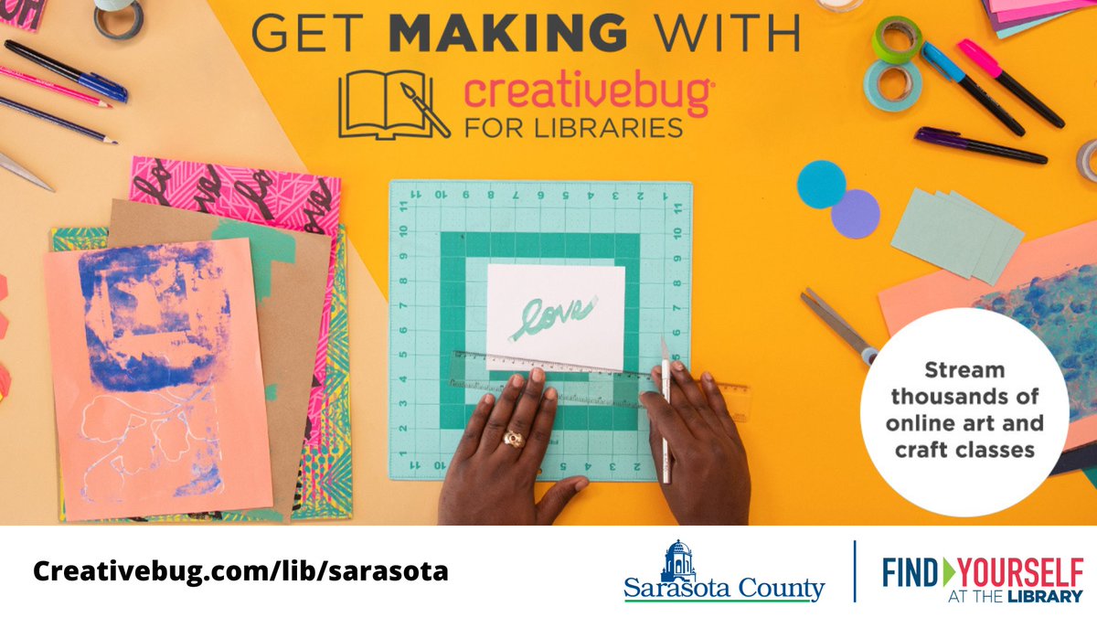 Explore Creativebug for Libraries! Log in with your library card at Creativebug.com/lib/sarasota. Let your imagination soar with crafts including painting, knitting, sewing, drawing, and more! #Creativebug #SRQCountyLibraries