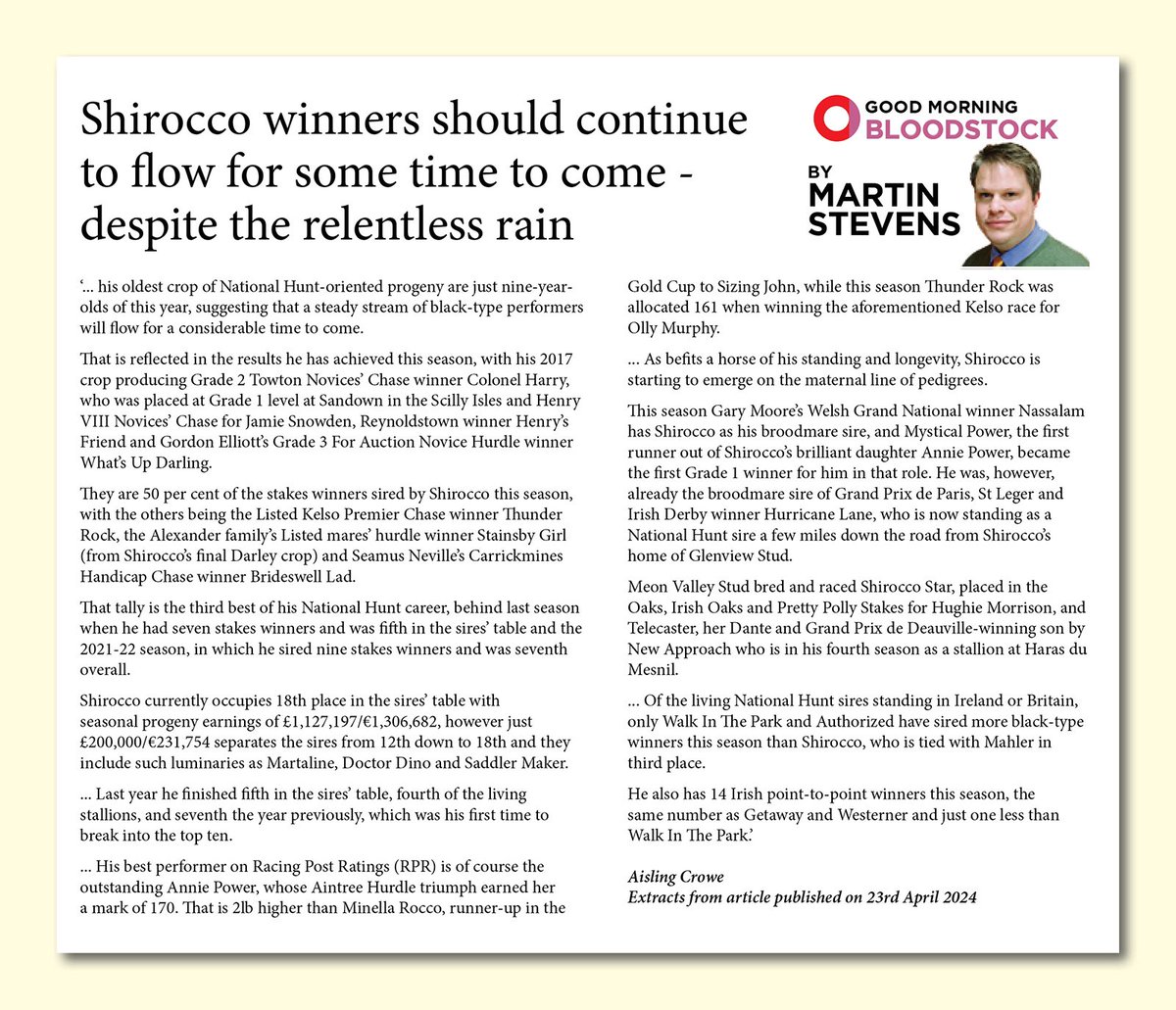 Check out the recent spotlight on the incredible success of SHIROCCO as a sire by @AisCrowe in Good Morning Bloodstock! If you haven't already, catch up on some of the standout excerpts below👇 @MartinStevensB1 @rpbloodstock