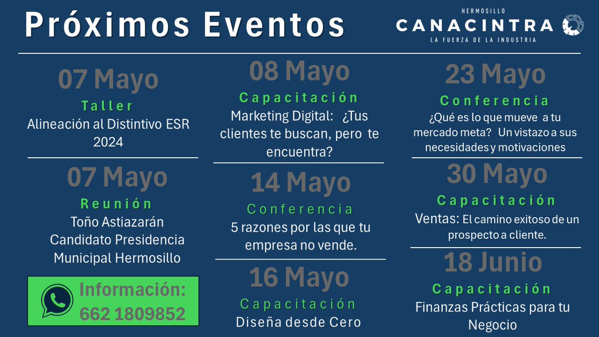 ¡En #CANACINTRAHmo, nos comprometemos a ofrecerte eventos de calidad! 

Mantente informado sobre nuestras próximas actividades.

 ¡No te pierdas la oportunidad de formar parte de nuestra comunidad empresarial en constante desarrollo!

Información WA 6621 809852