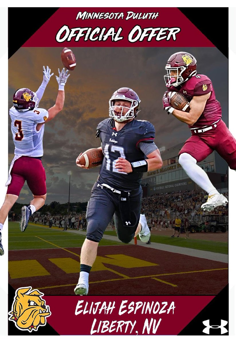 Elijah Espinoza (@eli_espinoza_11) on Twitter photo After a great camp, I am blessed and honored to say I have received my first offer from the University of Minnesota Duluth! #AGTG #GoDogs <a href="/CoachWiese/">Curt Wiese</a> <a href="/CoachVogler/">Chase Vogler</a> <a href="/CoachLukeOlson/">Coach Luke Olson</a> <a href="/muraco_lhs/">Rich Muraco</a> <a href="/PrepRedzoneNV/">Prep Redzone Nevada</a> After a great camp, I am blessed and honored to say I have received my first offer from the University of Minnesota Duluth! #AGTG #GoDogs <a href="/CoachWiese/">Curt Wiese</a> <a href="/CoachVogler/">Chase Vogler</a> <a href="/CoachLukeOlson/">Coach Luke Olson</a> <a href="/muraco_lhs/">Rich Muraco</a> <a href="/PrepRedzoneNV/">Prep Redzone Nevada</a>
