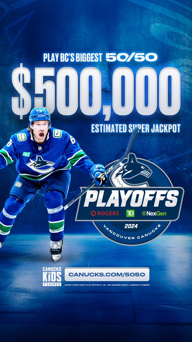 Get your estimated $500,000 50/50 raffle tickets! 🎟 Sales close at the 2nd intermission during tonight's game. Must be 19+ and located in BC to play. BUY NOW | canucks.com/5050
