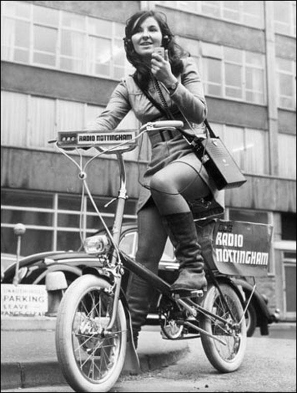 Reporter Gina Madgett on her BBC Radio Nottingham bicycle 1968