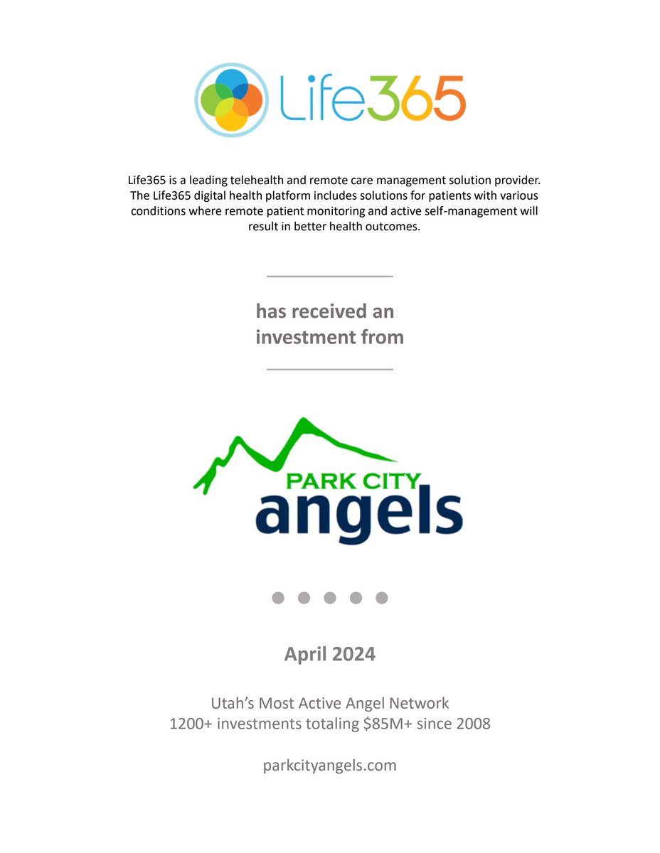 Park City Angels is thrilled to announce that our members have made an investment in Life365! lnkd.in/dyQQZYH

#venturecapital #growth #startups #investment #parkcity #parkcityutah #Life365 #innovation #angelinvesting