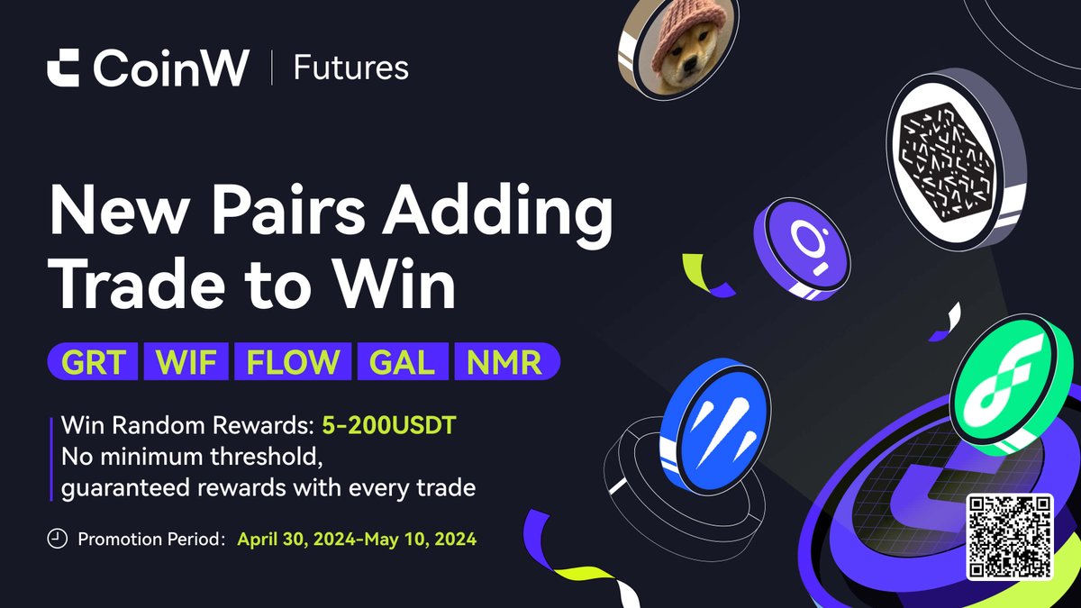 🎉 #CoinW Exciting News! 🎉 📅 Event period: April 30, 2024, 8:00 - May 10, 2024, 8:00 (UTC) Trade $GRT, $WIF, $FLOW, $GAL, $NMR Perpetual Futures for a chance to win random rewards of 5-200 USDT! #Trading Learn more: coinw.zendesk.com/hc/en-us/artic…