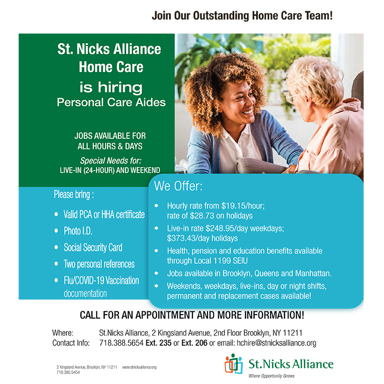 Do you want a fulfilling career with benefits?💸We are hiring home care aides!
Work flexible hours in Brooklyn, Manhattan, or Queens. 
Call for an appointment and more info 718-388-5654 Ext. 235 or Ext. 206
#homecare #hiringnow #eldercare #northbrooklyn #nycjobs