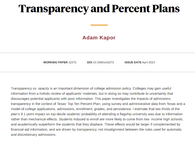 When potential college applicants may be poorly informed about their admission chances, transparency in college admissions can increase diversity and raise grades and persistence, from @adamkapor nber.org/papers/w32372