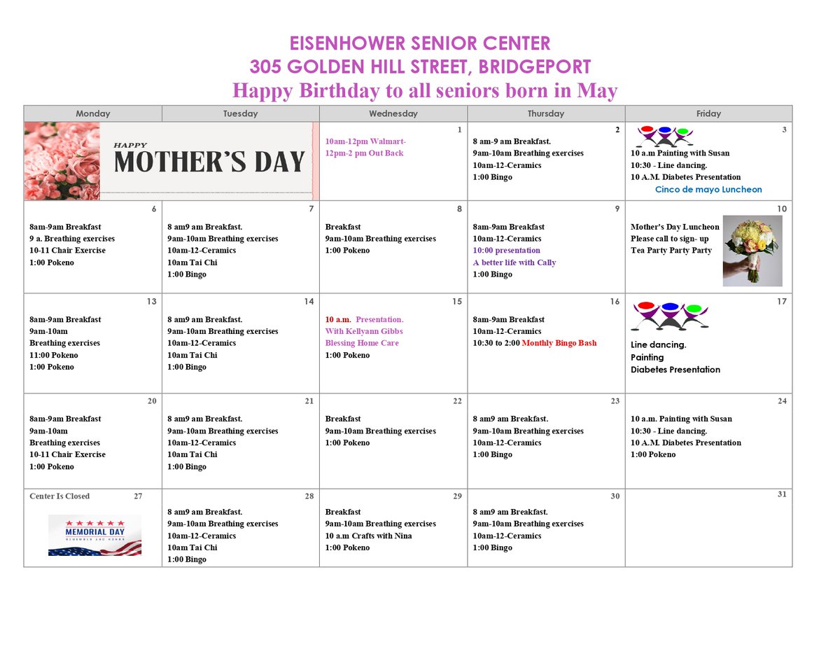 Check out what's happening at our Eisenhower Senior Center for the month of May! Their calendar is full of fun events! For additional information visit bridgeportct.gov/government/dep…