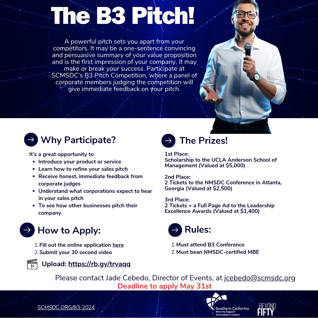 Ready to take your business to new heights? Apply Now for the B3 Pitch Competition 🎤at the 2024 Business Beyond Barriers Conference +Expo! 
 
scmsdc.org/b3-2024-pitch-… 

#B32024 #TheB3PitchCompetition #SCMSDC #SupplierDiversity