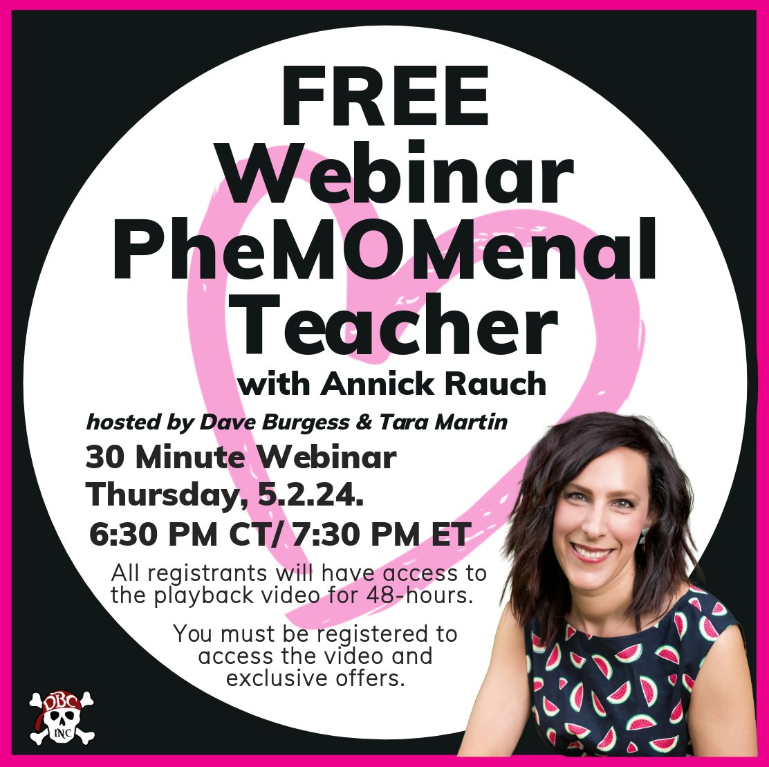 You are invited to a FREE Webinar: PheMOMenal Teacher with Annick Rauch! Thursday, 5.2.24. 6:30 PM CT Sign Up & Get Access to the Live (and playback video) + FREEBIE! Totally FREE! daveburgessconsulting.mykajabi.com/pl/2148318386 a.co/d/exdYRtx #tlap @burgessdave @TaraMartinEDU @AnnickRauch