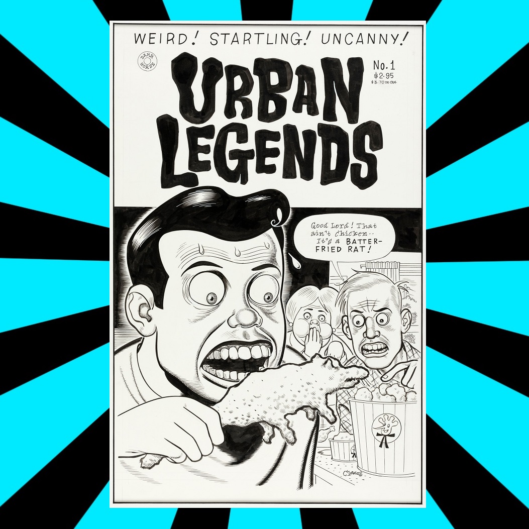 SOLD FOR $19,800! Daniel Clowes fans, did you see what this killer cover art for @DarkHorseComics' Urban Legends #1 sold for at Hake's? THAT'S NOT FRIED CHICKEN! Contact us today to sell your comic art! #DarkHorse #DanielClowes #comicart #collector