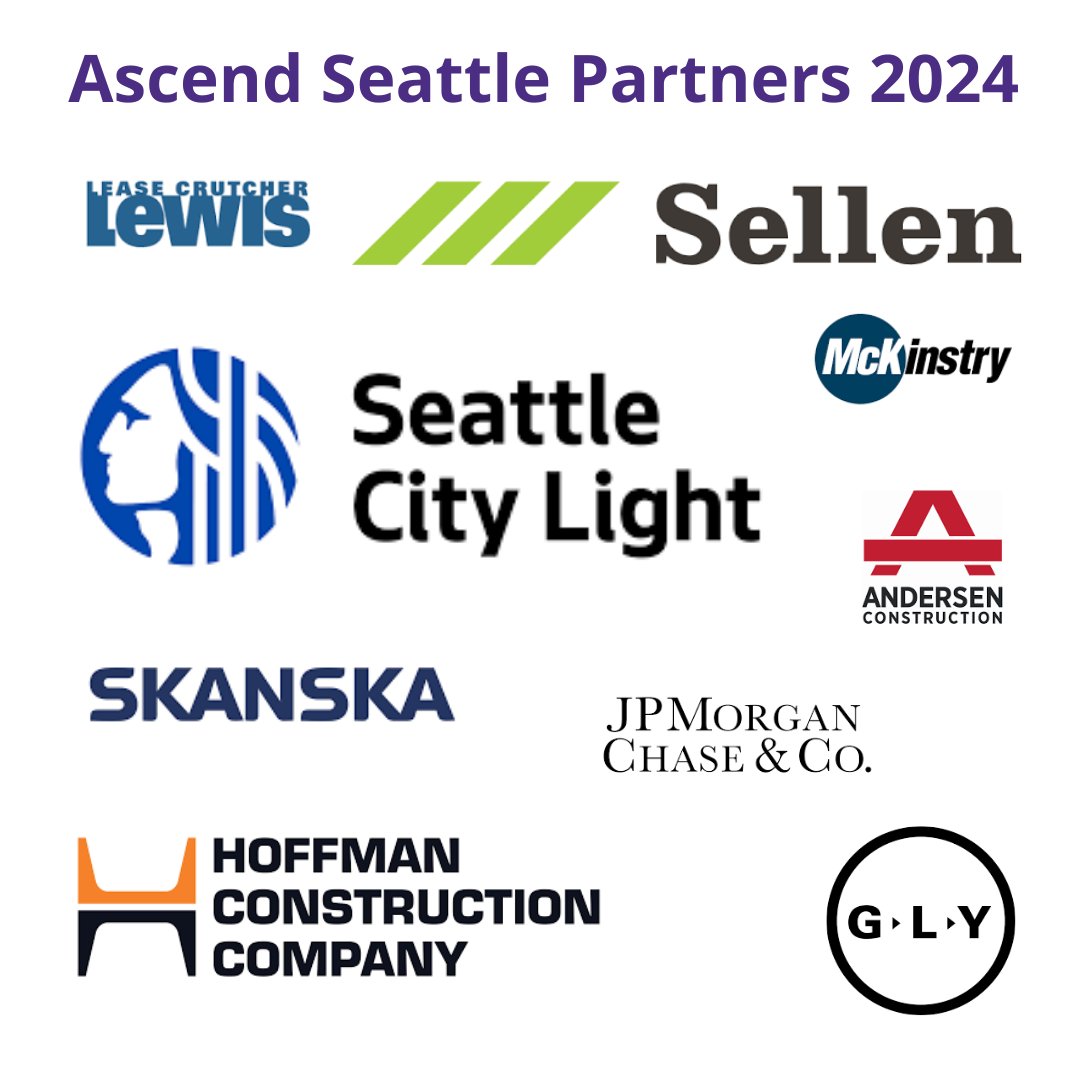 We’re very grateful for the support from our 2024 Ascend Seattle Partners. Special thanks to @SeaCityLight, @Sellen_Construction, @hoffmancorp, @lifeatMcKinstry, @SkanskaUSA, @JPMorganChase, @lewisbuilds, @GLYConstruction & @Andersen.Construction.