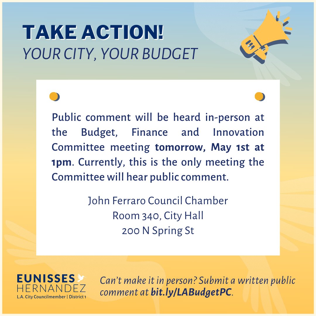 This is your city, funded by your dollars. Public comment on the budget will be heard in-person at the BFI Committee meeting tomorrow, May 1st at 1pm. We need everyone who can to tap in at Council Chambers at 1pm to share what you want to see prioritized in this year's budget.