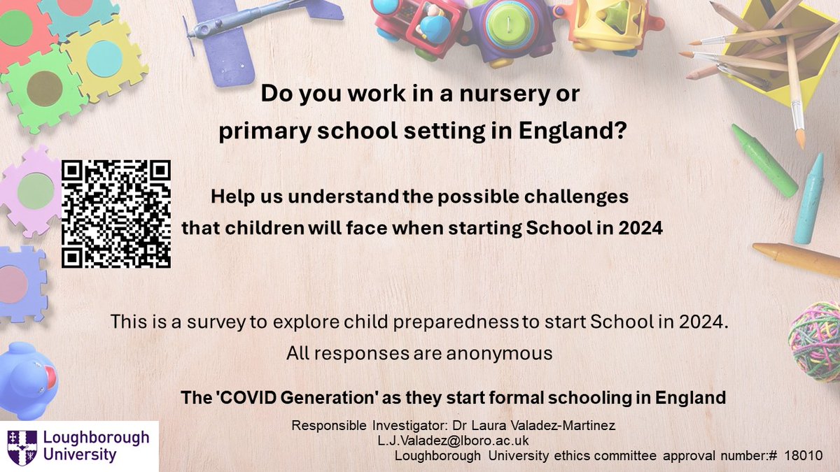 Do you work at a nursery or primary school setting in England?  Share your views about the potential impact of COVID19 on school readiness. Thank you! #Reception2024 app.onlinesurveys.jisc.ac.uk/s/lboro/school…