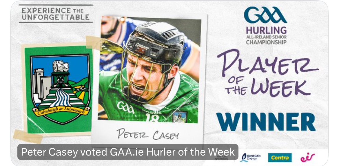 Congratulations Peter: The public has voted Limerick Peter Casey the #GAA Hurler of the Week! We wish Peter the best on his recovery from injury.