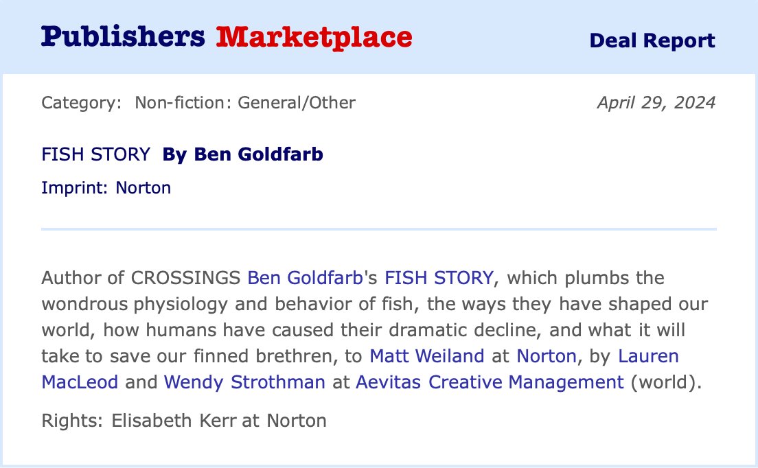 Ahem: I'm overjoyed to announce that I'm moving forward with another book, on the organisms that are perhaps nearest to my heart (with sincere apologies to beavers). Thanks to my friends at @wwnorton & @AevitasCreative for helping me make this dream project a reality. Fish on!