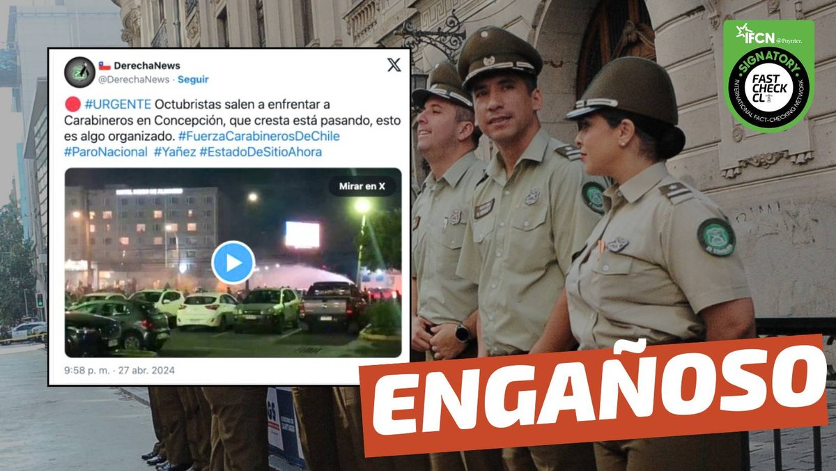 Bajo el contexto del duelo nacional, circula un video que mostraría a manifestantes «octubristas» enfrentándose contra Carabineros el 27 de abril. Esto es #Engañoso👻: son hinchas de la U. de Chile los que están haciendo desórdenes, no manifestantes 👇🏻 fastcheck.cl/2024/04/30/vid…