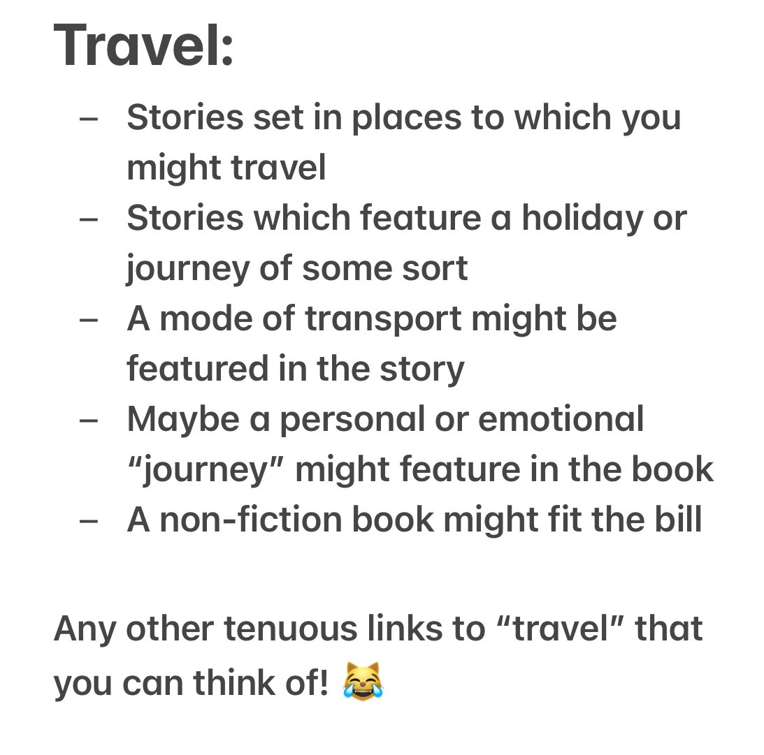 📣 It’s a new month tomorrow which brings a new reading theme for #CatChatBookClub 😺📚
So in May, if you choose to embrace the challenge… you’ll be reading a book associated with TRAVEL. See ideas below…
Our tweetup will be on Sunday 26 May 8pm UK time. ALL book chat welcome