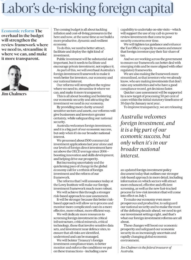 My thoughts on how the @AlboMP @AustralianLabor Govt's reforms to strengthen Australia's foreign investment framework will help us better attract, facilitate and deploy the right kind of investment in a Future Made in Australia - in today’s @FinancialReview. #auspol #ausecon