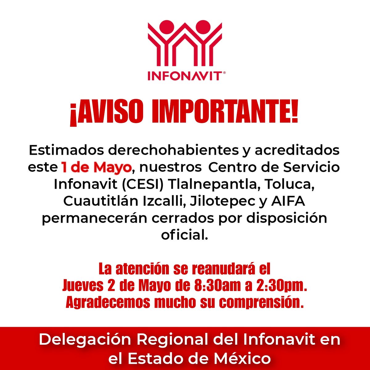 DayraVergara's tweet photo. Los Centros de Servicio @Infonavit (CESI) en el Estado de México permanecerán cerrados este #1DeMayo.
📌 Recuerda que puedes llamar a #Infonatel con atención automatizada las 24 hrs, los 365 días del año o ingresar a https://t.co/GYX4vcMQju
☎️ 55 9171 5050
📞8000083900 https://t.co/D6Hj8M1EE5